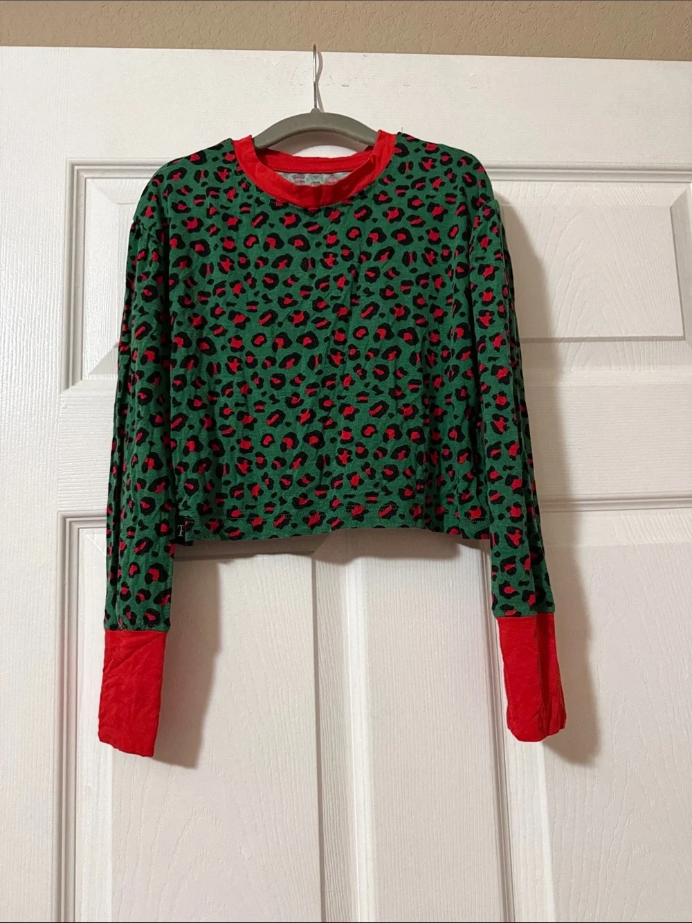 Green & Red Leopard Print Kids Pajama Pants with Red Cuffs